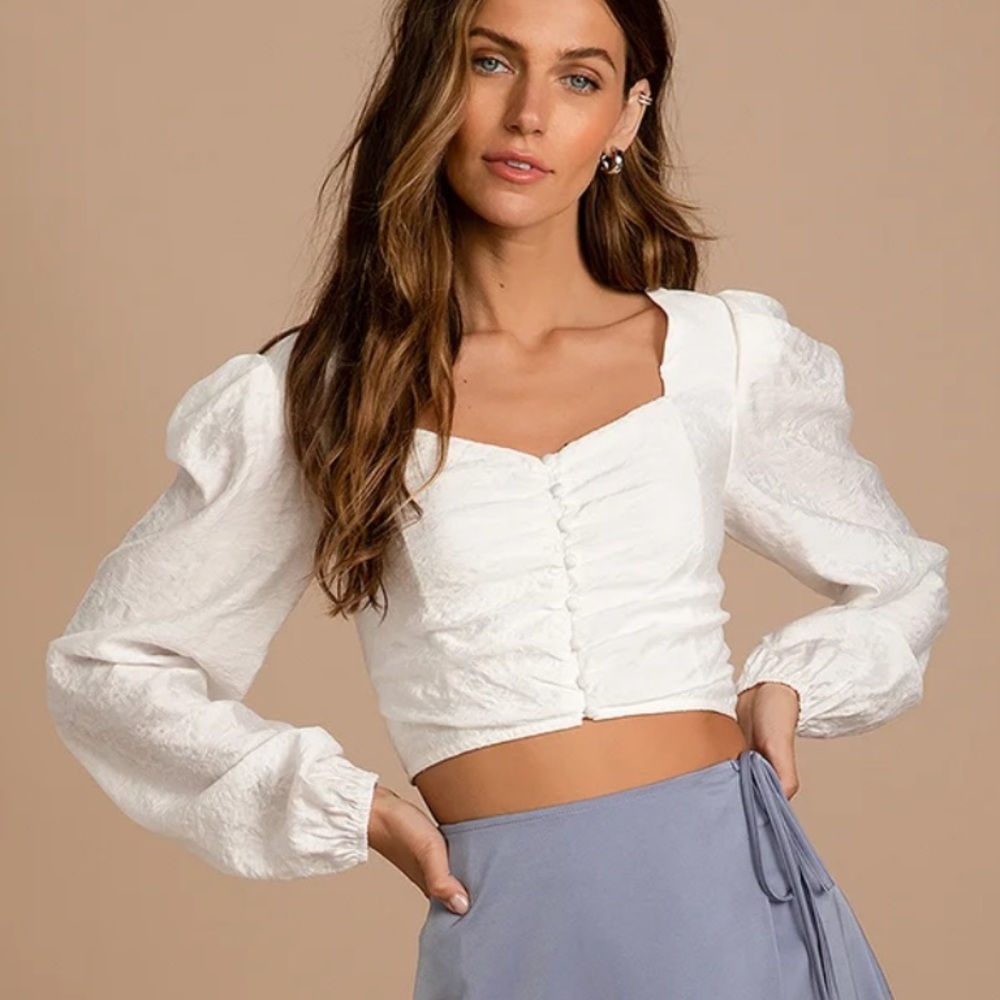 Lulu’s Stay Together White Puff Shoulder Long Sleeve Button-Up Crop Top Large